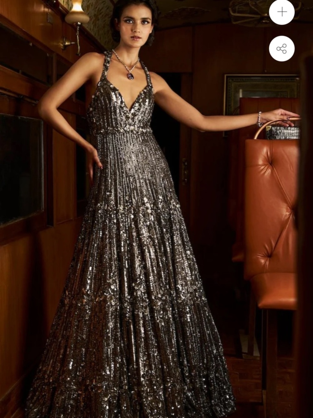 Sequin V-Neck Halter Evening Gown - Silver